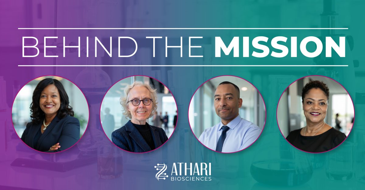 Individual headshots of the Athari Bio Team on a gradient purple and teal background.